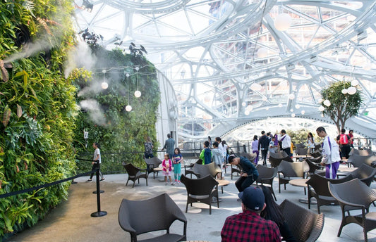 MeeFog humidification inside the Amazon Spheres, utilizing adiabatic cooling for lush plants